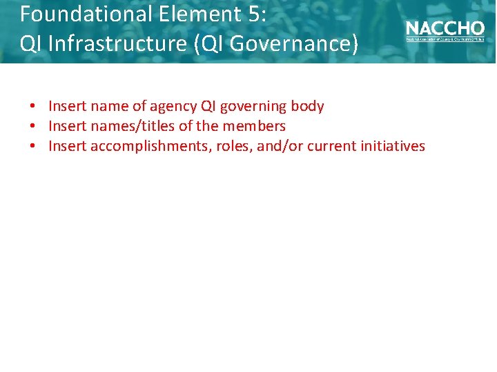 Foundational Element 5: QI Infrastructure (QI Governance) • Insert name of agency QI governing