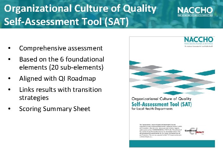 Organizational Culture of Quality Self-Assessment Tool (SAT) • • • Comprehensive assessment Based on