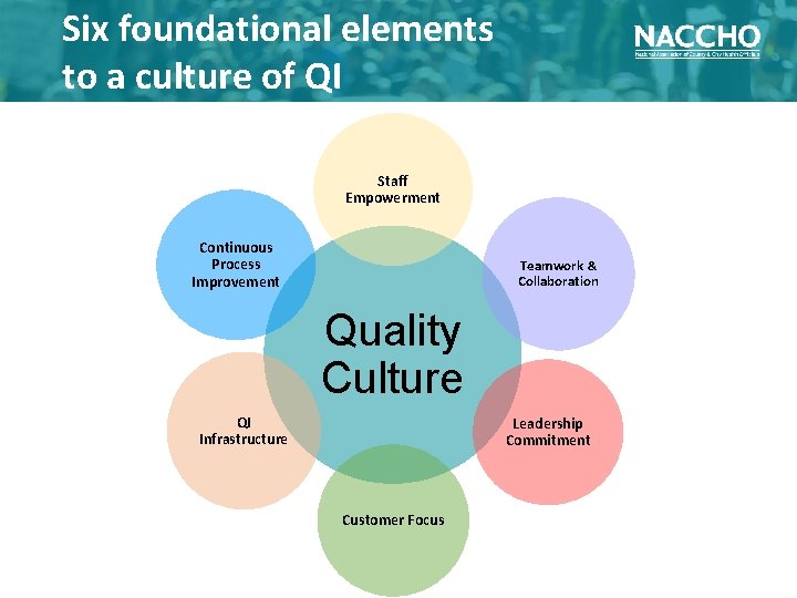 Six foundational elements to a culture of QI Staff Empowerment Continuous Process Improvement Teamwork