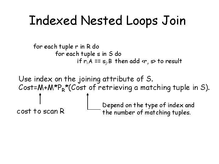 Indexed Nested Loops Join for each tuple r in R do for each tuple