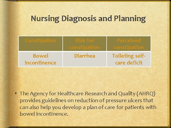 Nursing Diagnosis and Planning Constipation Risk for constipation Perceived constipation Bowel incontinence Diarrhea Toileting