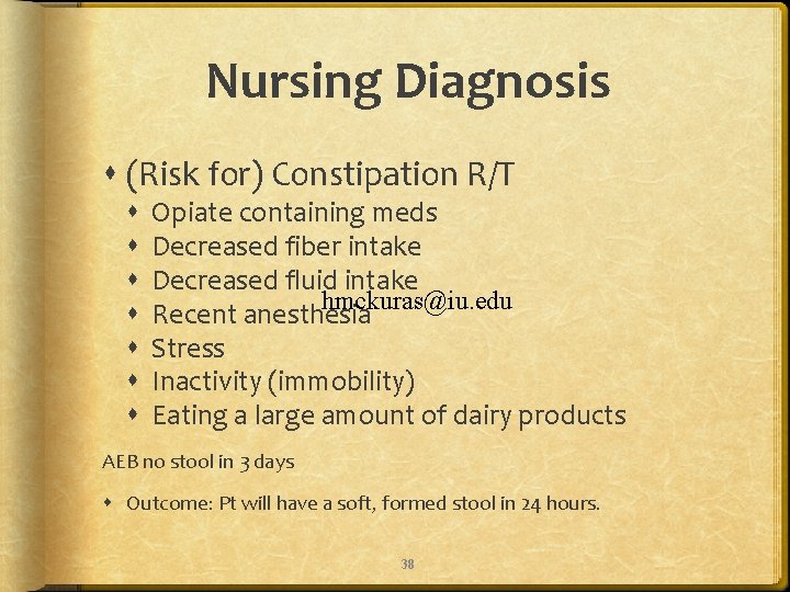 Nursing Diagnosis (Risk for) Constipation R/T Opiate containing meds Decreased fiber intake Decreased fluid