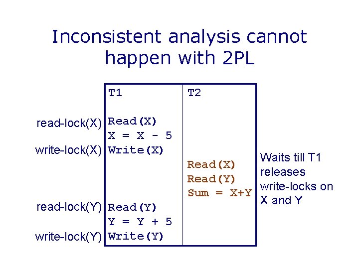 Inconsistent analysis cannot happen with 2 PL T 1 read-lock(X) Read(X) X = X