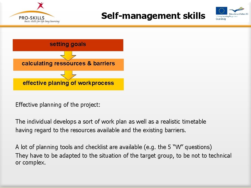 Self-management skills setting goals calculating ressources & barriers effective planing of workprocess Effective planning
