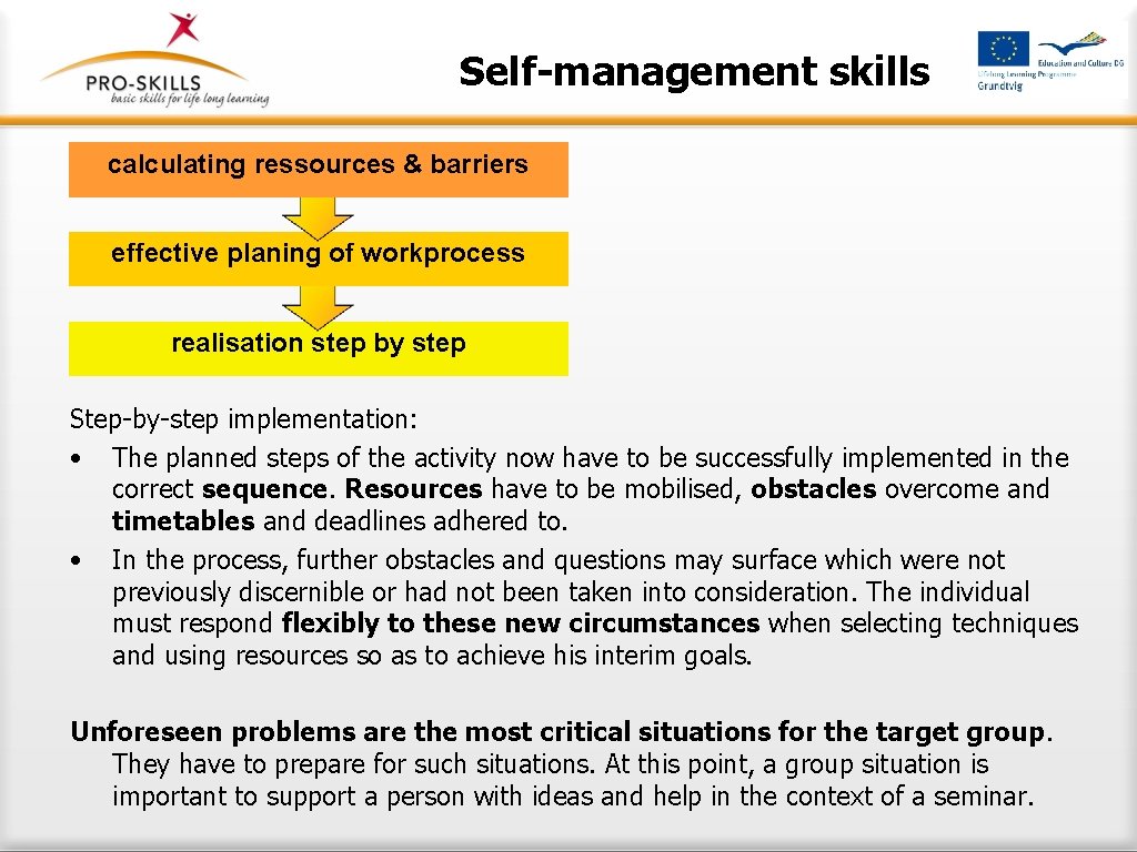 Self-management skills calculating ressources & barriers effective planing of workprocess realisation step by step