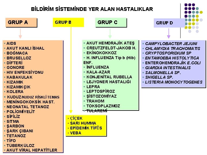 BİLDİRİM SİSTEMİNDE YER ALAN HASTALIKLAR GRUP A GRUP B § AIDS § AKUT KANLI
