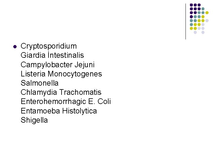 l Cryptosporidium Giardia İntestinalis Campylobacter Jejuni Listeria Monocytogenes Salmonella Chlamydia Trachomatis Enterohemorrhagic E. Coli