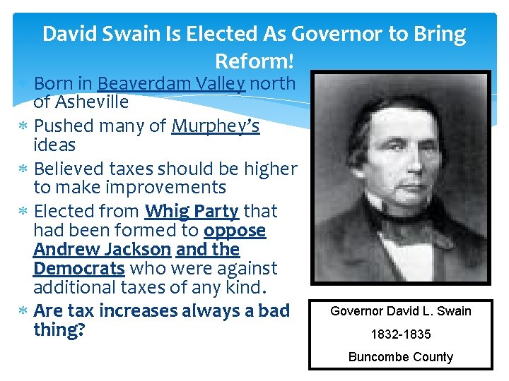 David Swain Is Elected As Governor to Bring Reform! Born in Beaverdam Valley north