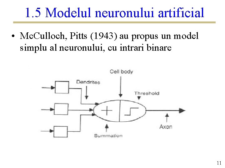 1. 5 Modelul neuronului artificial • Mc. Culloch, Pitts (1943) au propus un model