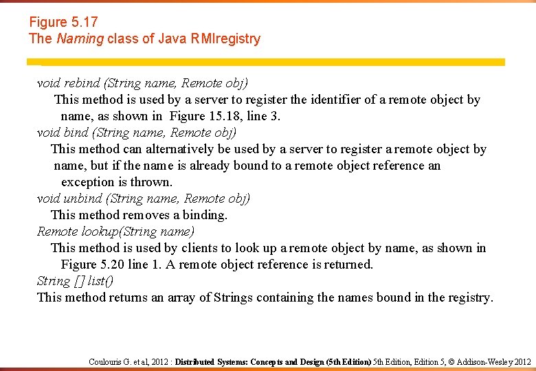 Figure 5. 17 The Naming class of Java RMIregistry void rebind (String name, Remote Figure 5. 17 The Naming class of Java RMIregistry void rebind (String name, Remote