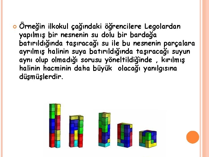  Örneğin ilkokul çağındaki öğrencilere Legolardan yapılmış bir nesnenin su dolu bir bardağa batırıldığında