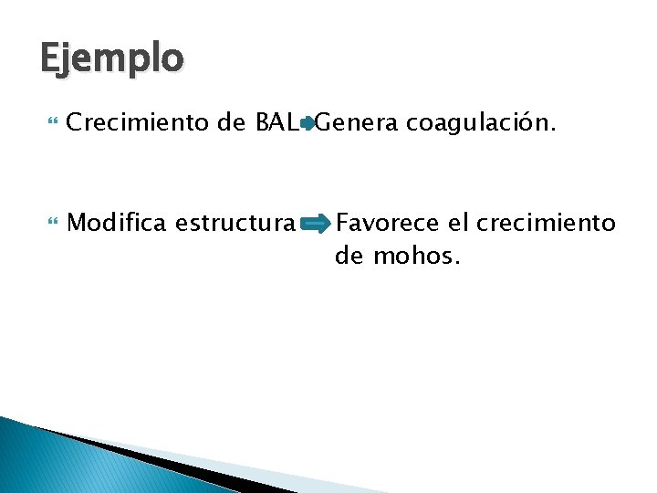 Ejemplo Crecimiento de BAL Genera coagulación. Modifica estructura Favorece el crecimiento de mohos. 