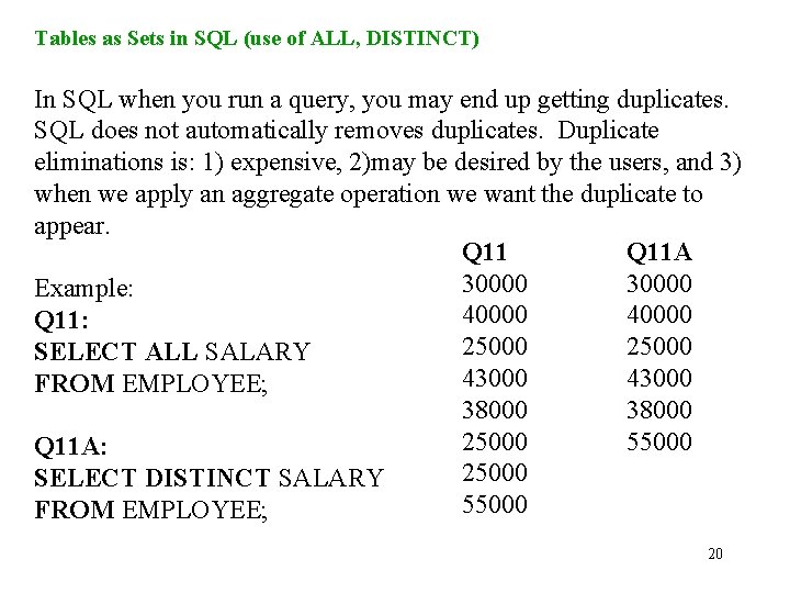 Tables as Sets in SQL (use of ALL, DISTINCT) In SQL when you run