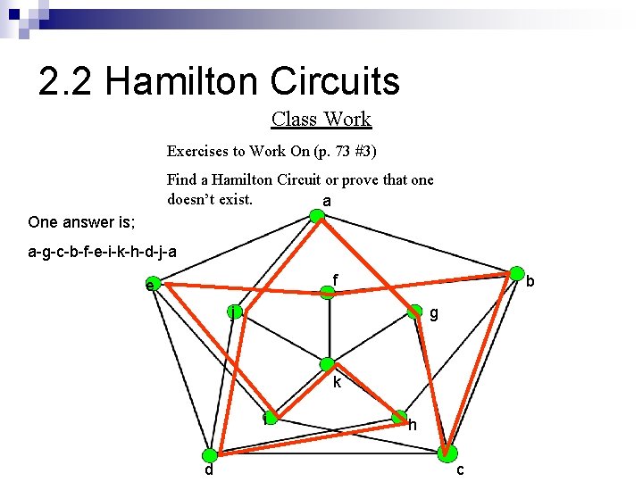 2. 2 Hamilton Circuits Class Work Exercises to Work On (p. 73 #3) Find