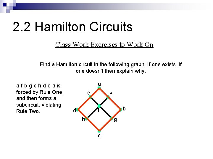 2. 2 Hamilton Circuits Class Work Exercises to Work On Find a Hamilton circuit