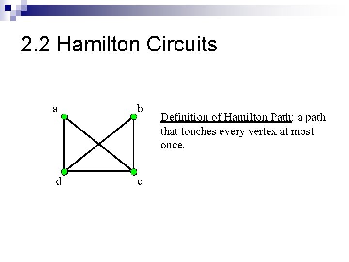 2. 2 Hamilton Circuits a b d c Definition of Hamilton Path: a path