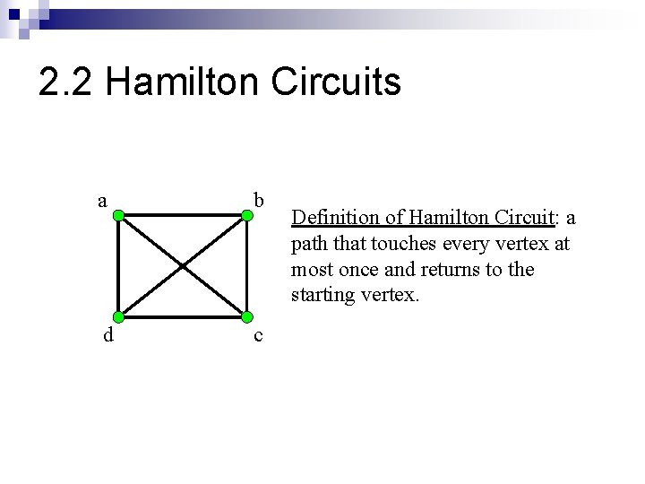2. 2 Hamilton Circuits a b d c Definition of Hamilton Circuit: a path
