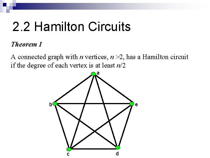 2. 2 Hamilton Circuits Theorem 1 A connected graph with n vertices, n >2,