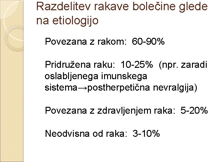 Razdelitev rakave bolečine glede na etiologijo Povezana z rakom: 60 -90% Pridružena raku: 10