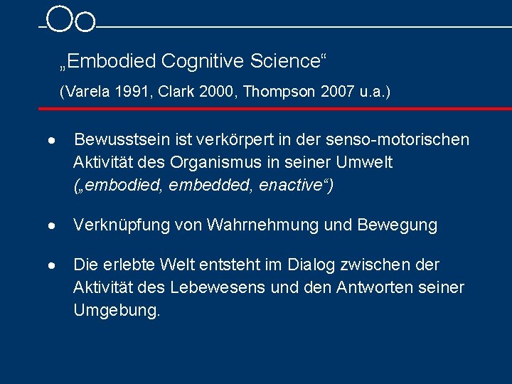 „Embodied Cognitive Science“ (Varela 1991, Clark 2000, Thompson 2007 u. a. ) Bewusstsein ist