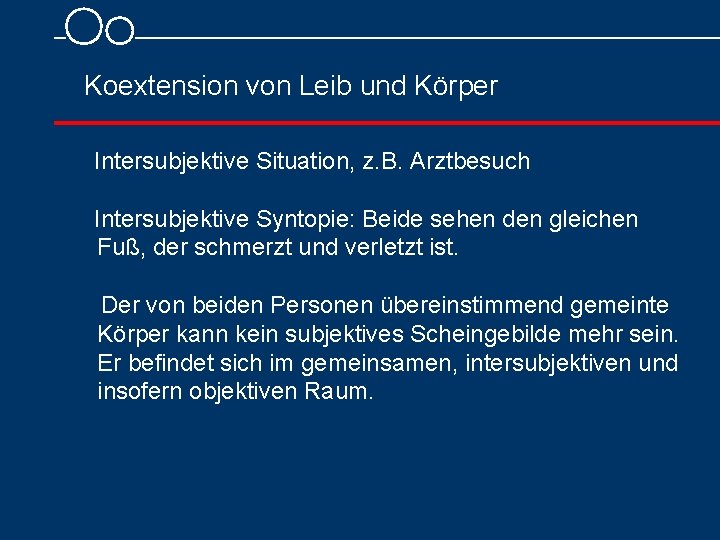 Koextension von Leib und Körper Intersubjektive Situation, z. B. Arztbesuch Intersubjektive Syntopie: Beide sehen