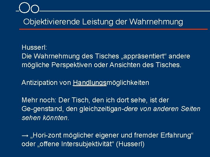 Objektivierende Leistung der Wahrnehmung Husserl: Die Wahrnehmung des Tisches „appräsentiert“ andere mögliche Perspektiven oder