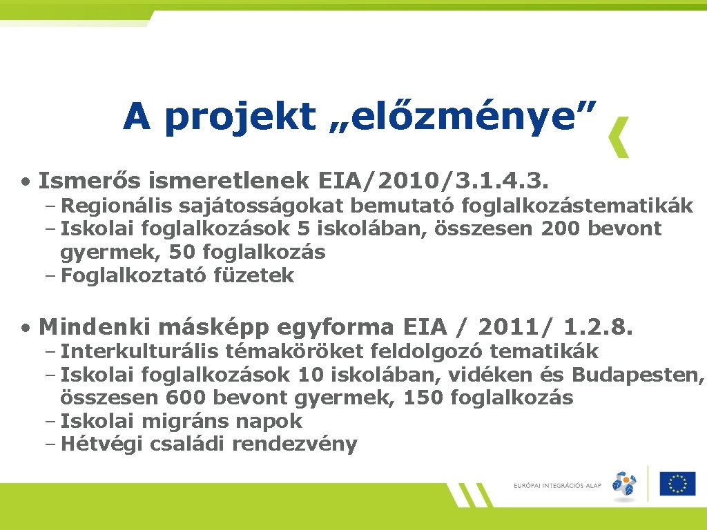 A projekt „előzménye” • Ismerős ismeretlenek EIA/2010/3. 1. 4. 3. – Regionális sajátosságokat bemutató