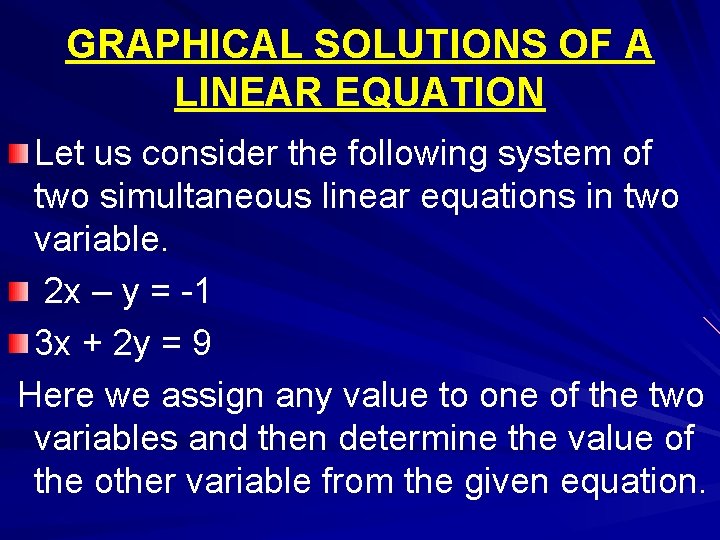GRAPHICAL SOLUTIONS OF A LINEAR EQUATION Let us consider the following system of two GRAPHICAL SOLUTIONS OF A LINEAR EQUATION Let us consider the following system of two