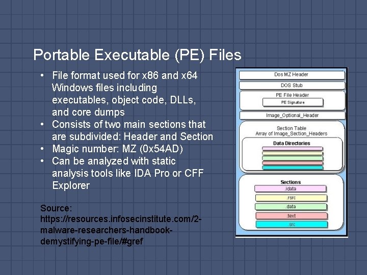 Portable Executable (PE) Files • File format used for x 86 and x 64