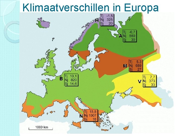 Klimaatverschillen in Europa H A M B V N 