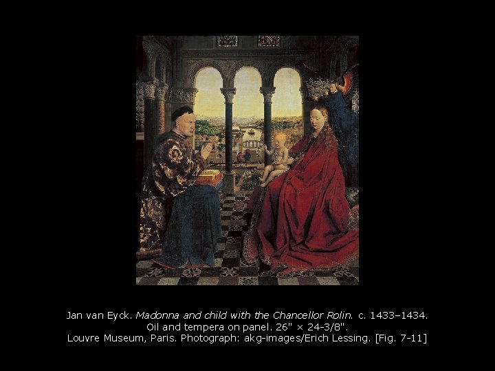 Jan van Eyck. Madonna and child with the Chancellor Rolin. c. 1433– 1434. Oil