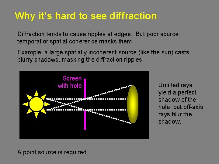 Why it’s hard to see diffraction Diffraction tends to cause ripples at edges. But
