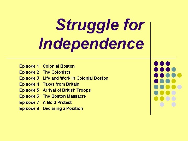 Struggle for Independence Episode 1: Colonial Boston Episode 2: The Colonists Episode 3: Life