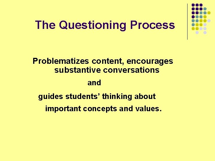 The Questioning Process Problematizes content, encourages substantive conversations and guides students’ thinking about important