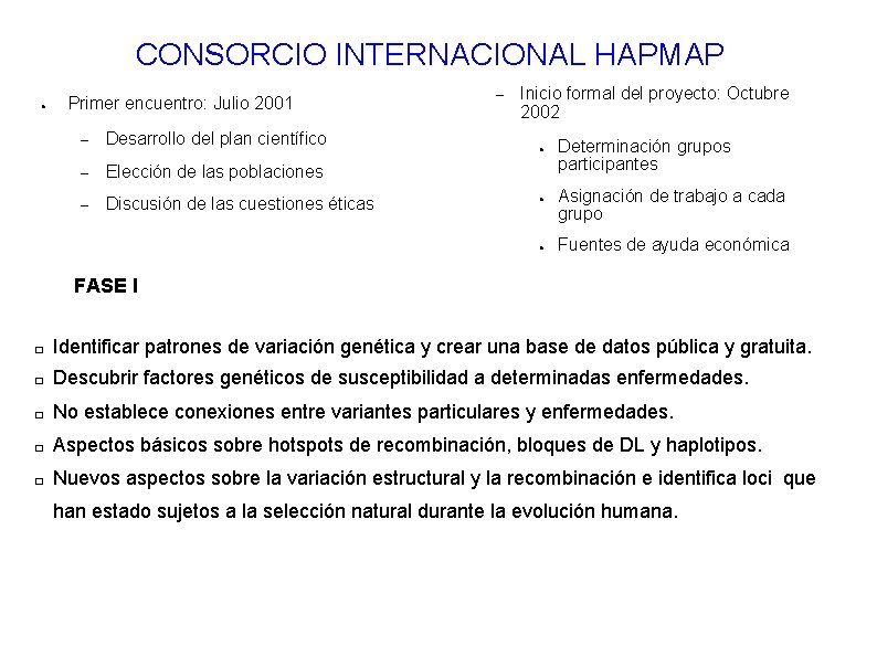 CONSORCIO INTERNACIONAL HAPMAP ● Primer encuentro: Julio 2001 – Desarrollo del plan científico – CONSORCIO INTERNACIONAL HAPMAP ● Primer encuentro: Julio 2001 – Desarrollo del plan científico –