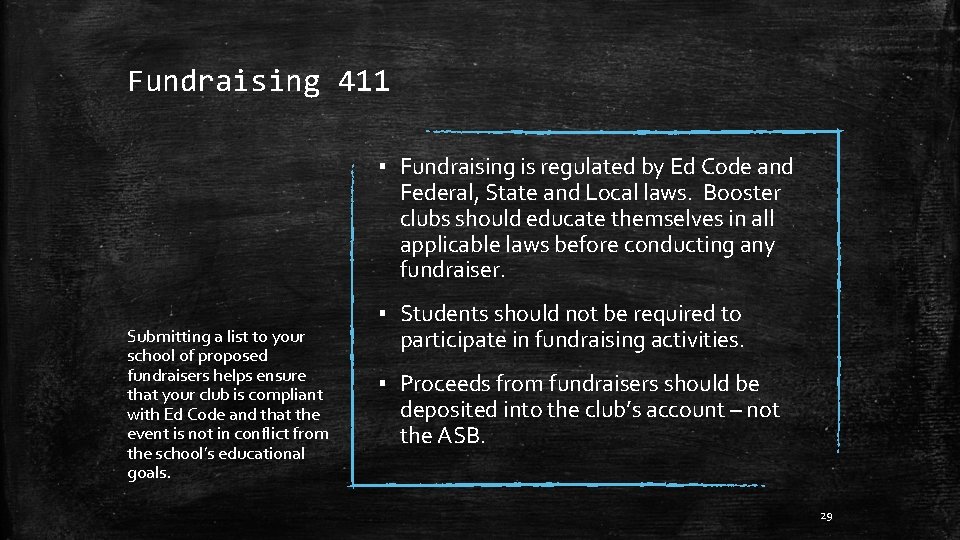 Fundraising 411 ▪ Fundraising is regulated by Ed Code and Federal, State and Local