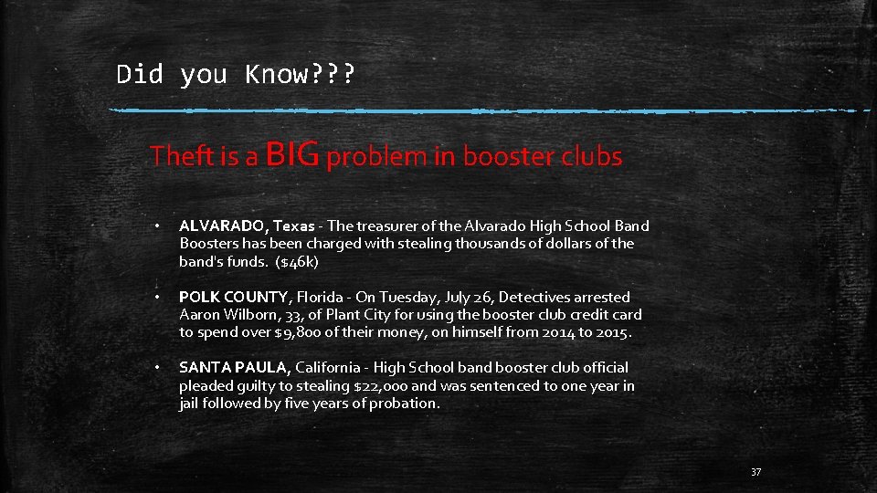 Did you Know? ? ? Theft is a BIG problem in booster clubs •