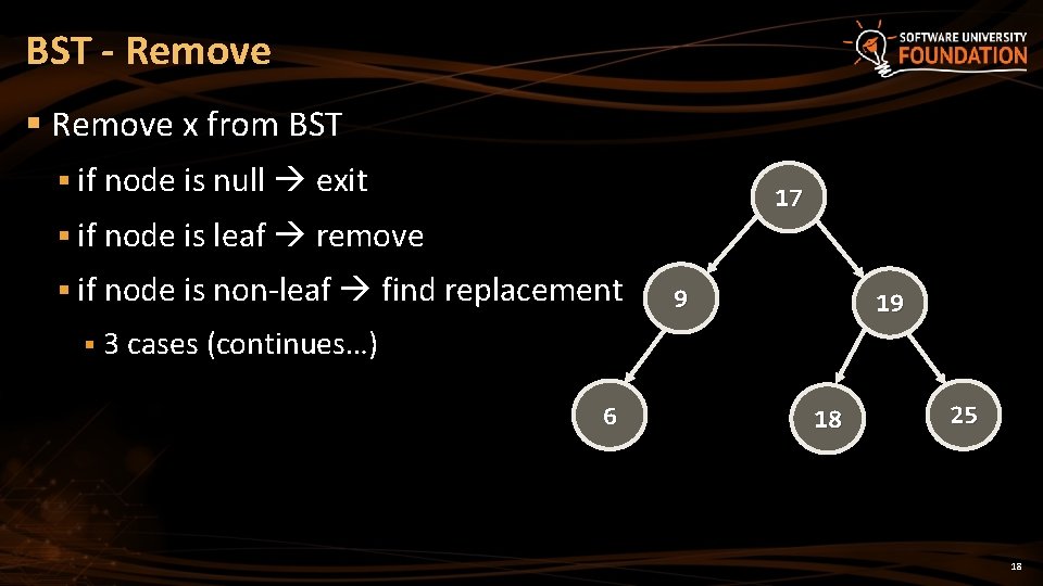 BST - Remove § Remove x from BST § if node is null exit
