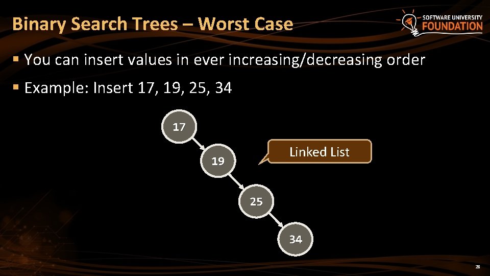 Binary Search Trees – Worst Case § You can insert values in ever increasing/decreasing