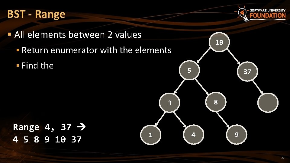 BST - Range § All elements between 2 values 10 § Return enumerator with