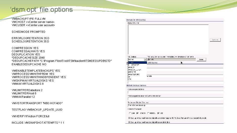 ‘dsm. opt’ file options VMBACKUPTYPE FULLVM VMCHOST <v. Center server name> VMCUSER <v. Center