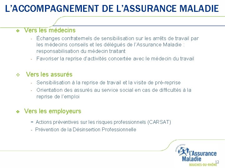 L’ACCOMPAGNEMENT DE L’ASSURANCE MALADIE v Vers les médecins - - v Vers les assurés L’ACCOMPAGNEMENT DE L’ASSURANCE MALADIE v Vers les médecins - - v Vers les assurés