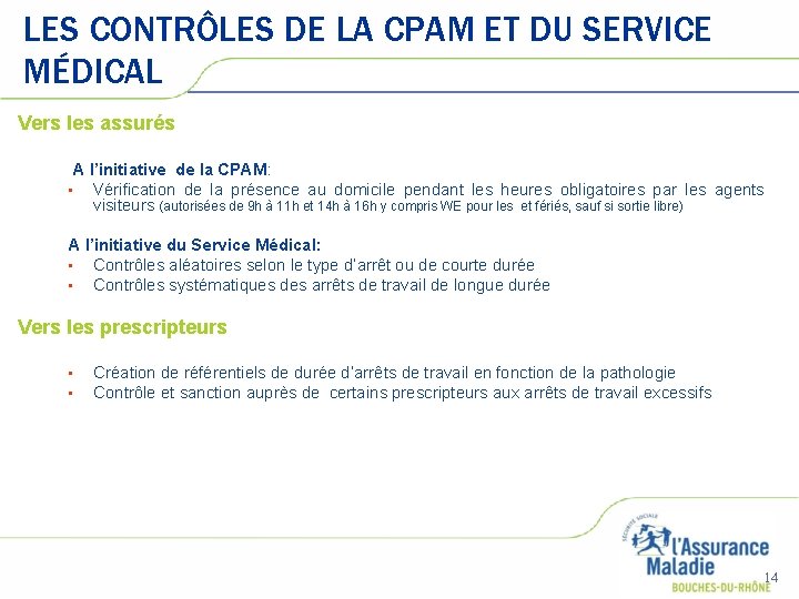LES CONTRÔLES DE LA CPAM ET DU SERVICE MÉDICAL Vers les assurés A l’initiative LES CONTRÔLES DE LA CPAM ET DU SERVICE MÉDICAL Vers les assurés A l’initiative