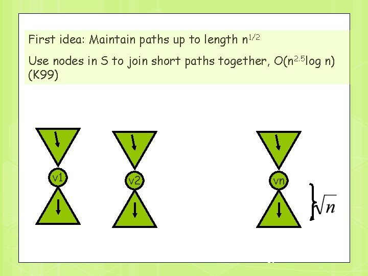 First idea: Maintain paths up to length n 1/2 Use nodes in S to