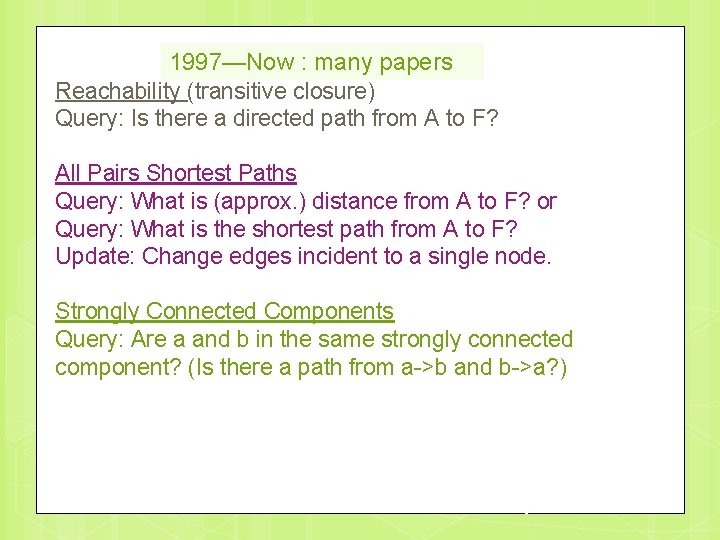 1997—Now : many papers Reachability (transitive closure) Query: Is there a directed path from