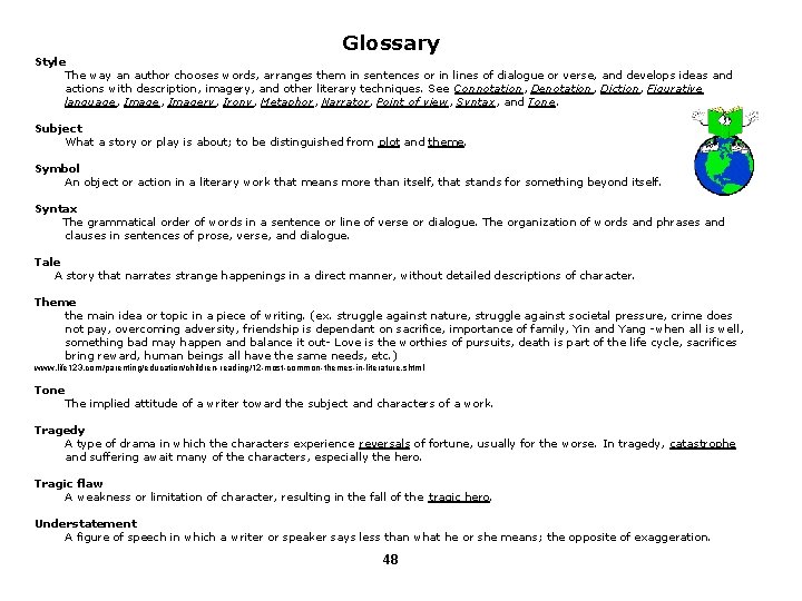 Glossary Style The way an author chooses words, arranges them in sentences or in