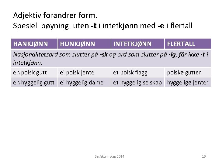 Adjektiv forandrer form. Spesiell bøyning: uten -t i intetkjønn med -e i flertall HANKJØNN