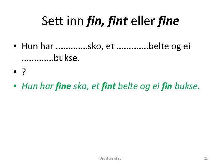 Sett inn fin, fint eller fine • Hun har. . . sko, et. .