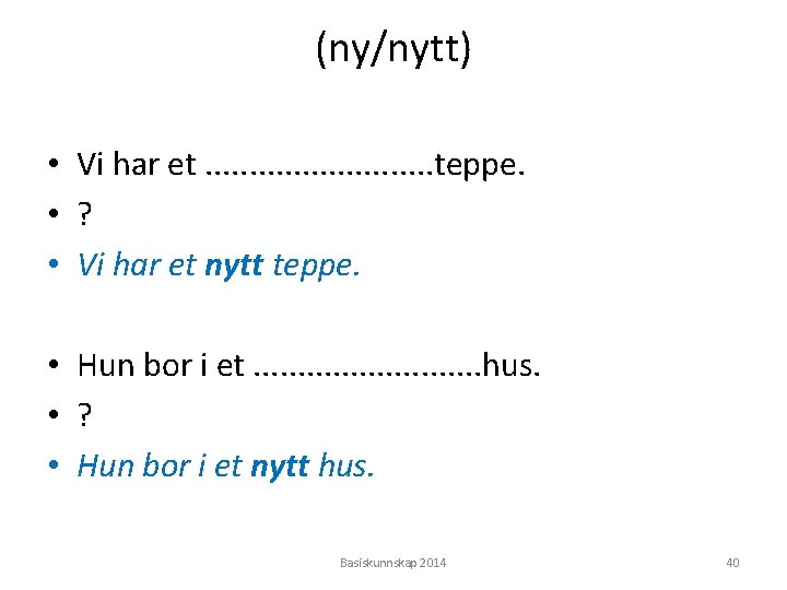 (ny/nytt) • Vi har et. . . teppe. • ? • Vi har et