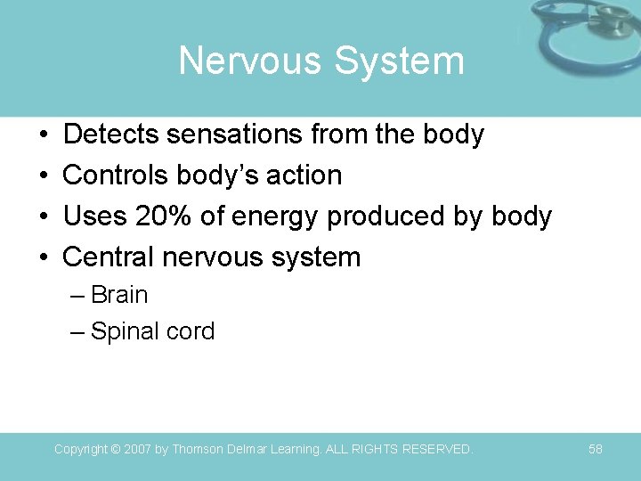 Nervous System • • Detects sensations from the body Controls body’s action Uses 20%